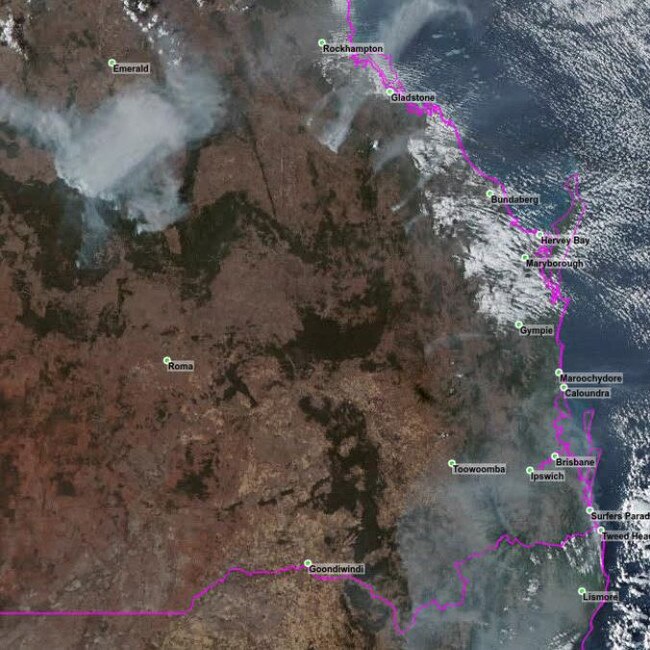 A satellite image of smoke over Queensland. Source: Bureau of Meteorology