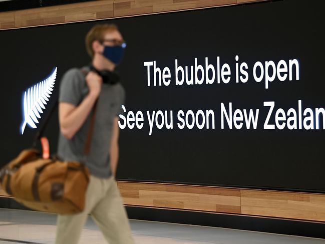 SYDNEY, AUSTRALIA - NewsWire Photos APRIL, 19, 2021: Signage is seen as travellers depart for New Zealand at Sydney International Airport, Sydney. Travellers between Australia and New Zealand are now allowed to enter each country without mandatory hotel quarantine as the Trans-Tasman bubble opens up. Picture: NCA NewsWire/Bianca De Marchi