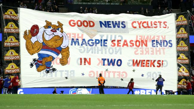 The Western Bulldogs banner before the match against Collingwood. Picture: Michael Klein