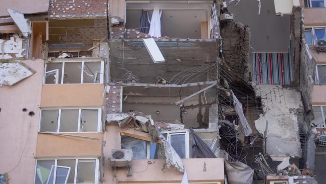 Damage is seen at a large residential tower in Kyiv. Picture: Getty Images