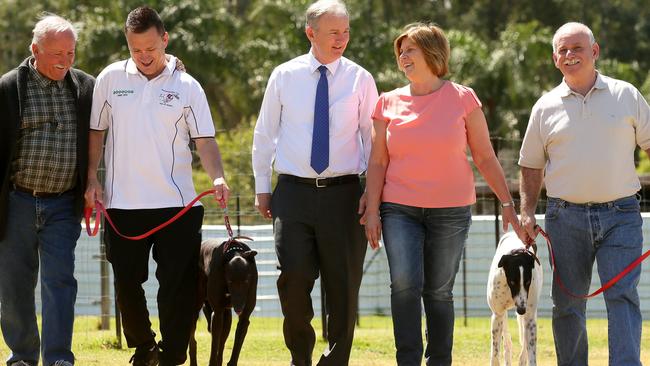 Box Hill Trainer John Earl, Dean Swain, Kevin Conolly, Colleen Abela and trainer Mario Abela at Dean Swain's kennels in Vineyard. Picture: Justin Sanson.