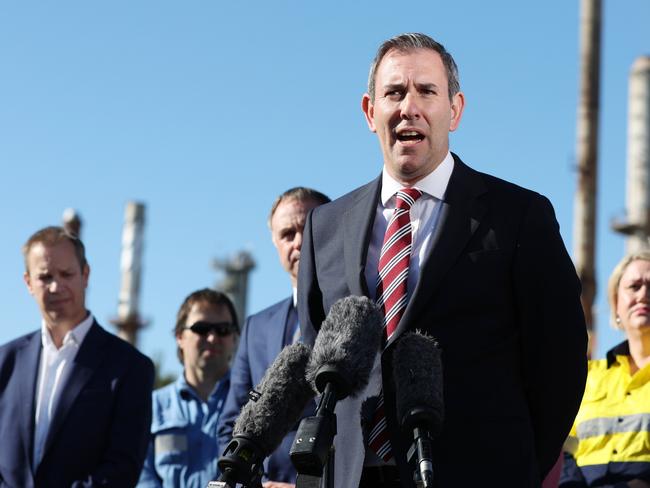 BRISBANE, AUSTRALIA - NewsWire Photos JULY 30, 2024:  Treasurer Jim Chalmers talks at a press conference at Ampol Oil refinery at Lytton on Tuesday. Picture: NewsWire / Lachie Millard