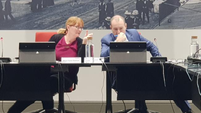 Gawler Council Mayor Karen Redman and then-chief executive Henry Inat at a council meeting. Picture: Colin James