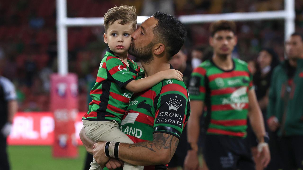 Benji Marshall with his son after losing the 2021 NRL grand final. Picture: Adam Head