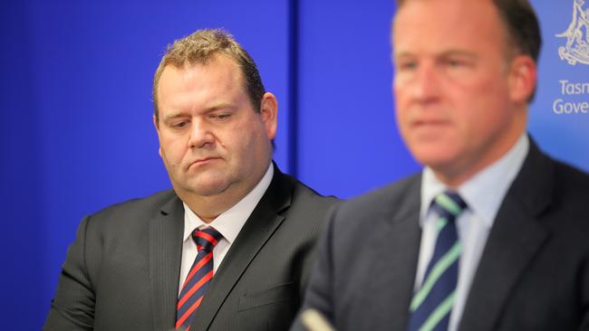 Adam Brooks, left, and Premier Will Hodgman at the announcement of Mr Brooks’ resignation from Cabinet. Picture: RICHARD JUPE