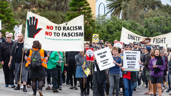 An anti-right wing group marches in St Kilda. Picture: Sarah Matray