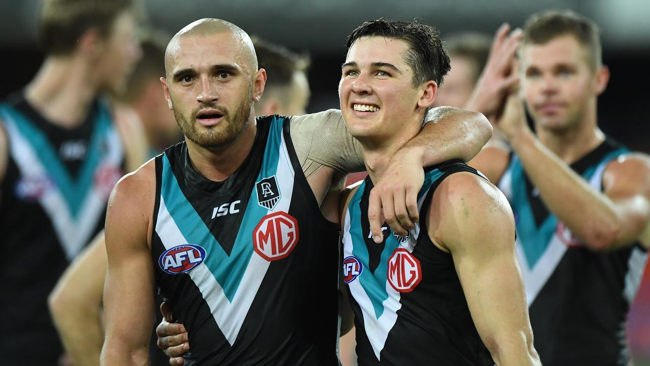 Connor Rozee (right) is set to be managed throughout the season. Photo: Matt Roberts/AFL Photos/via Getty Images.