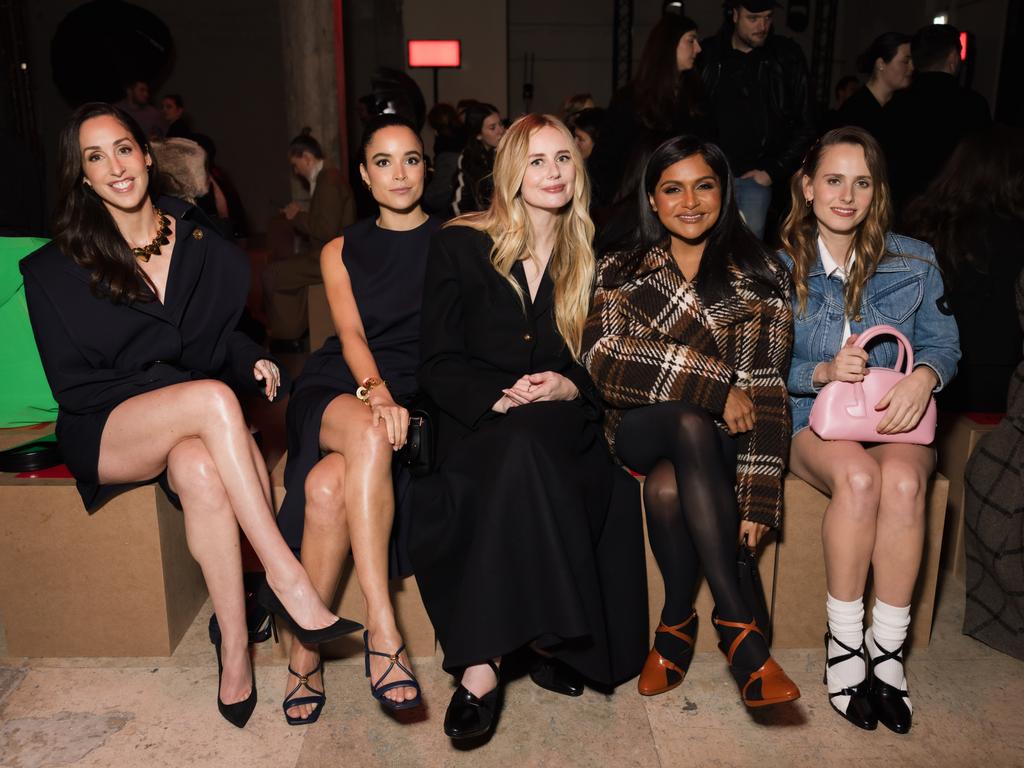 Left to right: Catherine Reitman, Juliana Canfield, Succession actress Justine Lupe, Mindy Kaling and Pauline Chalamet (and sister of Timothee) attends the Patou Menswear Fall-Winter 2025/2026 show. Picture: Arnold Jerocki/Getty Images for Patou