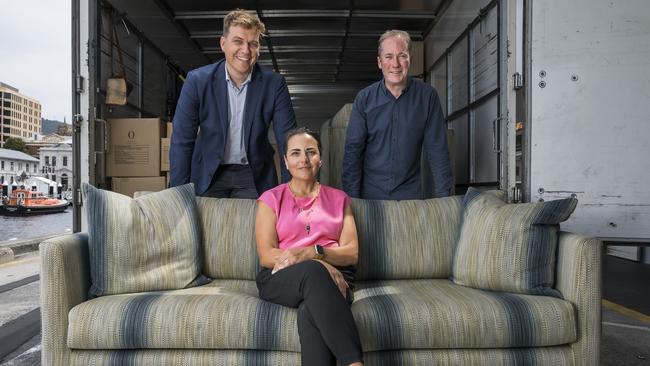 Anthea Dimitrakopoulos, General Manager Brand, Environment, Social and Governance of The Ascott Group, Dan McKenna – CEO Housing All Australians and Corey McGrath, State President Vinnies Tasmania at Somerset On The Pier. Picture: Caroline Tan