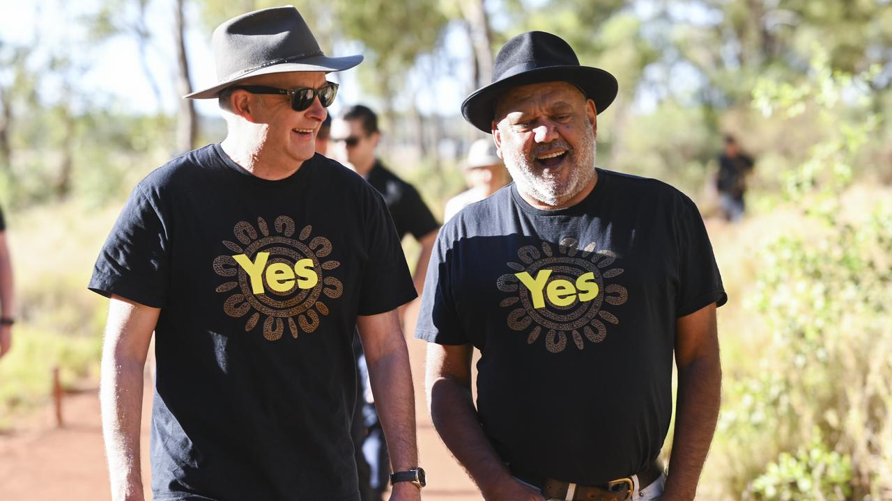 Prime Minister Anthony Albanese and Noel Pearson campaigned for the Voice in Uluru this week. Picture: NCA NewsWire / Martin Ollman
