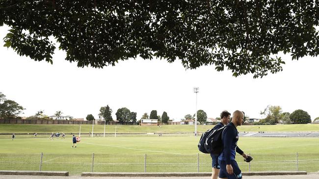 Geelong’s Gary Ablett and Patrick Dangerfield leave the ground after a Cats training session at Henson Park in Sydney. Picture: Ryan Pierse/Getty Images