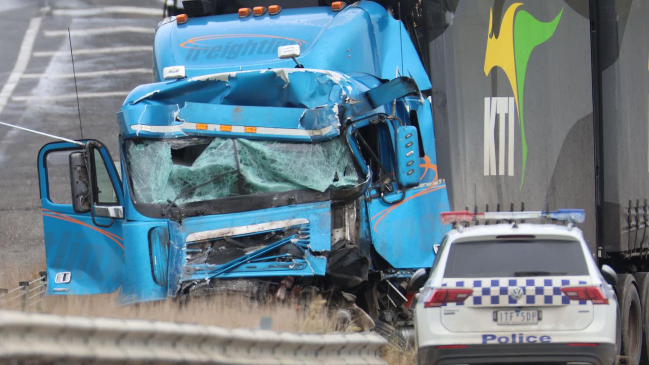 A school bus carrying 32 people flipped on the Western Highway in Bacchus Marsh. Picture: Brendan Beckett