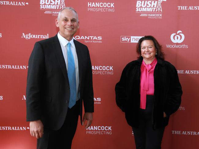 14/08/2023: (L-R) Adam Giles, Chief Executive Officer, Hancock Agriculture and S. Kidman & Co, and Gina Rinehart, Executive Chairman, Hancock Prospecting Group, Roy Hill, S. Kidman & Co. at The AustralianÃ&#149;s "Bush Summit" in Perth, a Talk-fest about improving lives in the Kimberley. Philip Gostelow/The Australian