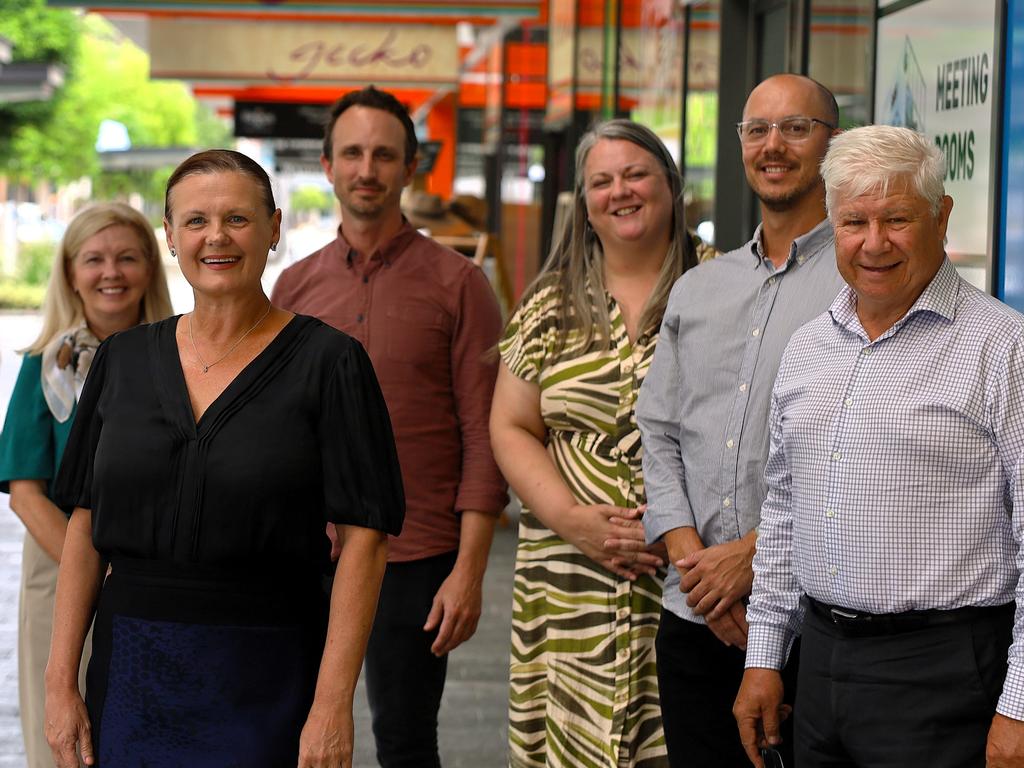 UpTown Townsville’s Debbie Rains of Gallivanter Travel, Townsville Chamber of Commerce president Miranda Mears, Mark Kennedy of Counterpoint Architecture, Chamber CEO Heidi Turner, Zammi Rohan, also of Counterpoint Architecture, and Craig Stack, a senior partner at Knight Frank, in the CBD. Picture: Supplied