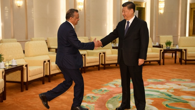 Tedros Adhanom, Director General of the World Health Organization, (L) shakes hands with Chinese President Xi Jinping before a meeting at the Great Hall of the People, on January 28, 2020 in Beijing, China