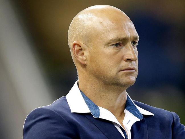 Knights coach Nathan Brown watches players in the Canterbury Cup before the Round 11 NRL match between the Newcastle Knights and the Sydney Roosters at McDonald Jones Stadium in Newcastle, Friday, May 24, 2019.  (AAP Image/Darren Pateman) NO ARCHIVING, EDITORIAL USE ONLY