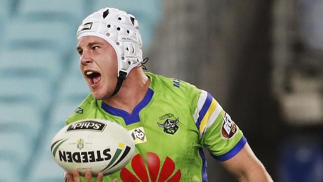 Luke Bateman of the Raiders reacts after scoring a try during the Round 21 NRL match between the South Sydney Rabbitohs and the Canberra Raiders at ANZ Stadium in Sydney, Saturday, July 29, 2017. (AAP Image/Daniel Munoz)