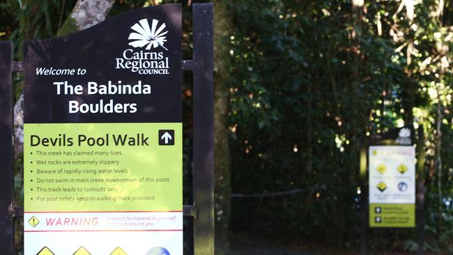 Signage at Babinda Boulders advises visitors the creek has claimed many lives. PICTURE: BRENDAN RADKE