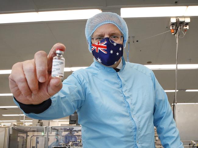 MELBOURNE, AUSTRALIA - FEBRUARY 12: Prime Minister Scott Morrison visits the CSL vaccine manufacturing facility on February 12, 2021 in Melbourne, Australia. Pharmaceutical company CSL is manufacturing Australia's Oxford-AstraZeneca COVID-19 vaccines.  (Photo by David Caird-Pool/Getty Images) *** BESTPIX ***