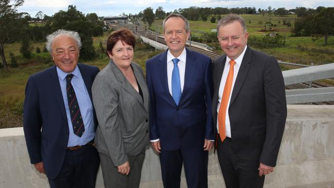 Macarthur federal Labor MP Dr Mike Freelander, Werriwa federal Labor MP Anne Stanley, opposition leader Bill Shorten and opposition transport spokesman Anthony Albanese at Leppington today. Picture: Robert Pozo