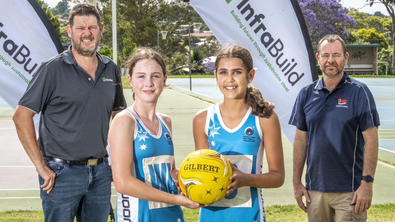 Discussing the future of Toowoomba netball are (from left) Infrabuild account manager Nathan Goos, Toowoomba netball player Lola Majoribanks, Ariana Jeffrey and Toowoomba Netball chairman Brad Chapman. Picture: Nev Madsen.