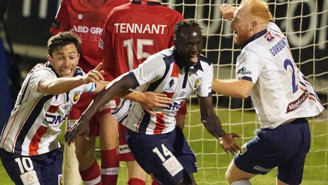 Abraham Majok celebrates his match-winning goal.