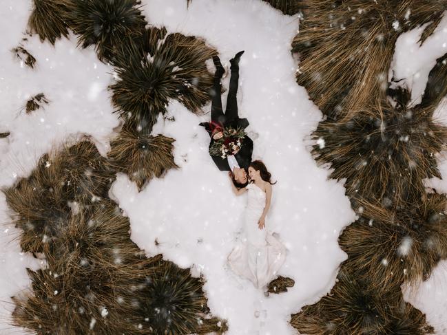 Benjamin Lane and Sirjana Singh from Tinted Photography shot this couple from above in Queenstown, New Zealand.