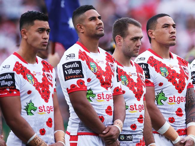 Dragons during the ceremony during the ANZAC DAY match between the Sydney Roosters and St. George-Illawarra Dragons at Allianz Stadium. Picture. Phil Hillyard