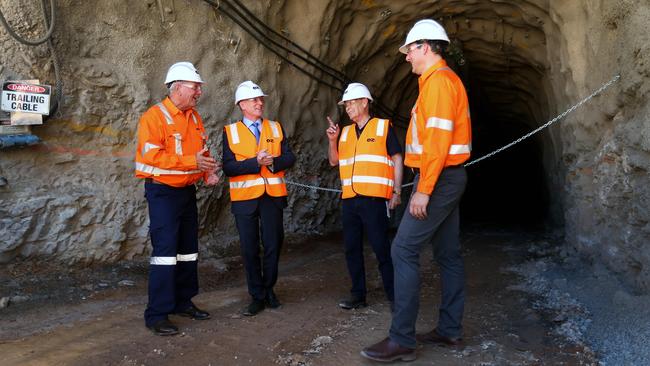 The Tjati Decline, OZ Minerals mine development at Carrapateena on Pernatty station, 160km north of Port Augusta.(LtoR) OZ Minerals chairman, Neil Hamilton, Premier Jay Weatherill, Chris Larson, head of the Kokatha Aboriginal Corporation, and OZ Minerals CEO Andrew Cole, at the site. Picture Dean Martin.