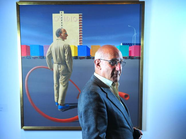 Author David Malouf in front of Jeffrey Smarts 1980 painting of which he was the subject, "Portrait of David Malouf" at Jeffrey Smart exhibition at Samstag. Malouf was subject of one of Smart's paintings and launched the exhibition Wednesday night.