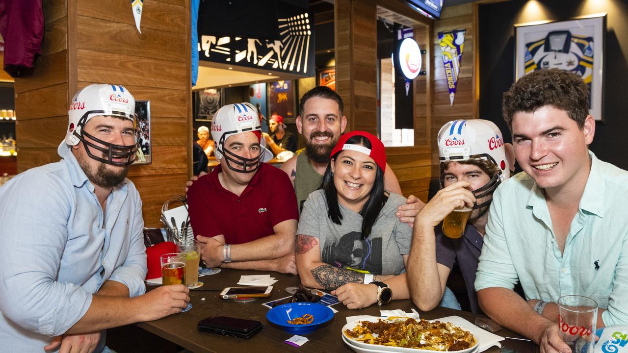 Watching the NFL Super Bowl at Tailgate Sports Bar are (from left) Will Brett, Chase Richardson, Dean Kruger, Roxy Kruger, David Brett and Thomas Brett, Monday, February 14, 2022. Picture: Kevin Farmer