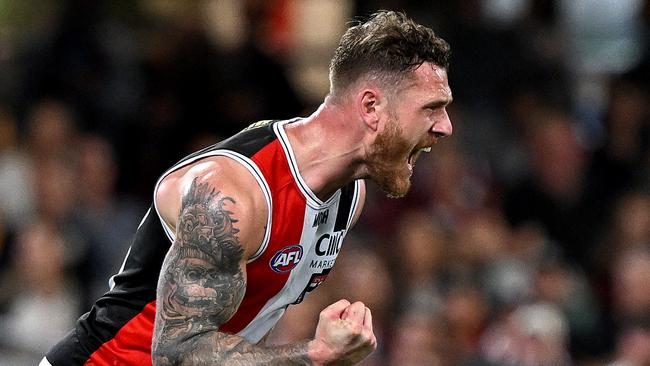 BRISBANE, AUSTRALIA – AUGUST 26: Tim Membrey of the Saints celebrates after kicking a goal during the round 24 AFL match between the Brisbane Lions and St Kilda Saints at The Gabba, on August 26, 2023, in Brisbane, Australia. (Photo by Bradley Kanaris/Getty Images)