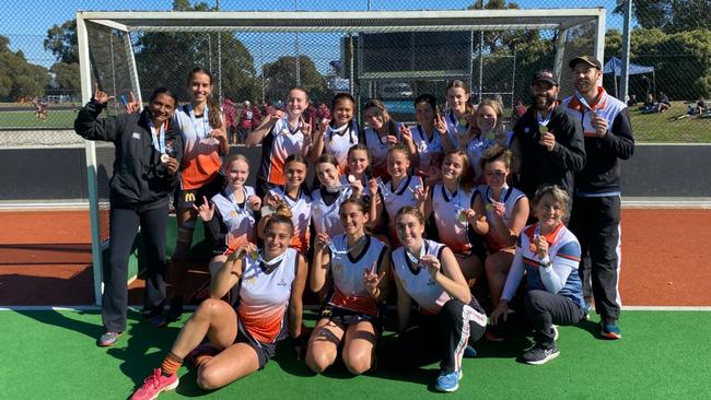 The victorious NT under-18 hockey women which won bronze medals after beating Western Australia in 2021. Picture: Supplied