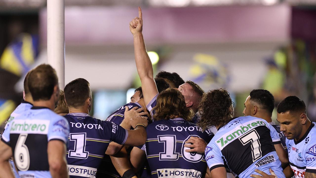 Gilbert celebrated his try against the Sharks in week one of the finals by pointing to the sky. Picture: Getty