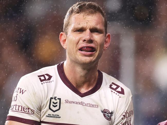 SYDNEY, AUSTRALIA - MAY 20:  Tom Trbojevic of the Sea Eagles leaves the field with an injury during the round 11 NRL match between the Parramatta Eels and the Manly Sea Eagles at CommBank Stadium, on May 20, 2022, in Sydney, Australia. (Photo by Mark Kolbe/Getty Images)