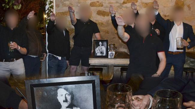 Members of the European Australia Movement have photoshopped themselves at an Adelaide Hills location celebrating Hitler's birthday 20 April 2023. They are photographed in the Nazi salute with portraits of Hitler. Picture: Supplied