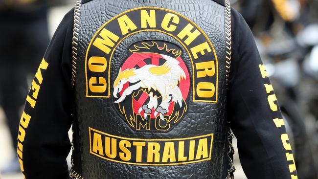 MELBOURNE, AUSTRALIA - NewsWire Photos, JANUARY 29, 2022.  Comanchero watched by police leave for their OMCG run between Hallam and Truganina. Saturday, January 29, 2021. Logo, Jacket, Generic. Picture: NCA NewsWire / David Crosling