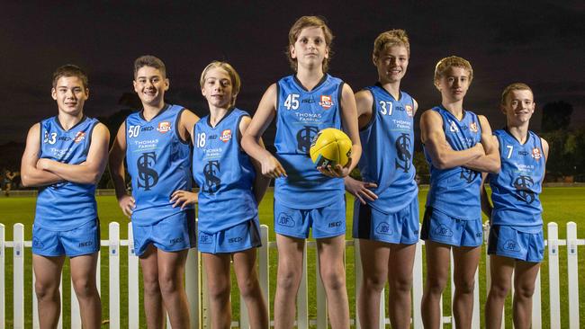 Sturt development squad players who have brothers playing further up the grades. (From left) Riki Tucker (U14), Alex Tragakis (U13), Harry McCourt (U13), Flynn Torode (U13), Cooper Borneman (U14), Naite Slade (U14) and Angus Mills (U14) at Unley Oval. Picture: Naomi Jellicoe