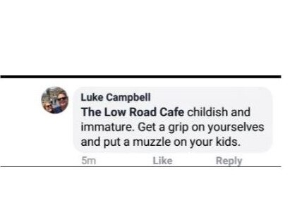 Ms Lindsay said her partner did not mean to literally muzzle a child. She said he was referring to a group of online cafe supporters who were joining in on the alleged personal attacks. Picture: Facebook