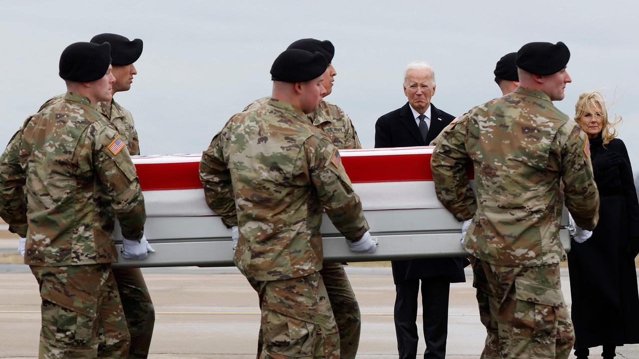 Joe Biden attends the dignified transfer of the remains of Army Reserve Sergeants William Rivers, Kennedy Sanders and Breonna Moffett, three U.S. service members who were killed in Jordan during a drone attack. Picture: Kevin Dietsch/ Getty Images