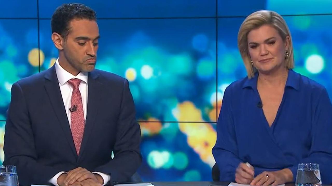 Sarah Harris became emotional on Monday night after discussions about the Israel-Hamas conflict. Picture: Channel 10