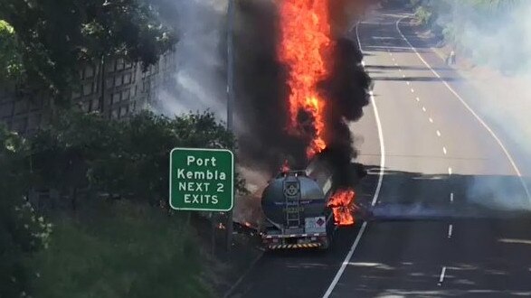 A 36,000 litre fuel tanker on fire on the Princes Motorway near the Princes Highway in West Wollongong. Picture: Nine News