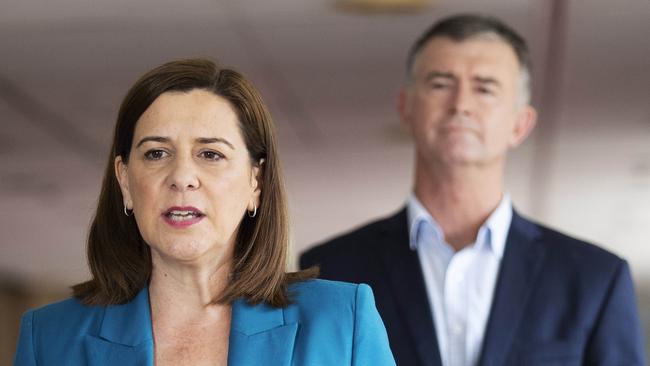 LNP Leader Deb Frecklington and LNP Deputy Leader Tim Mander address media at Parliamentary Annexe. Alice St, Brisbane, 14th of June 2020. (News Corp/Attila Csaszar)