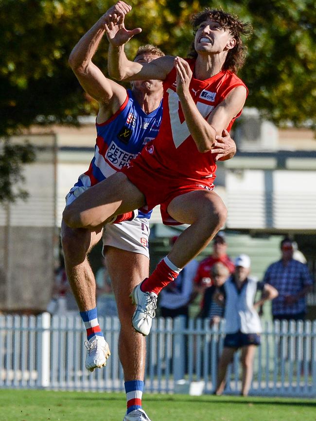 North’s Jacob Bauer flies during the SANFL game between North Adelaide and Central District at Prospect Oval. Picture: Brenton Edwards