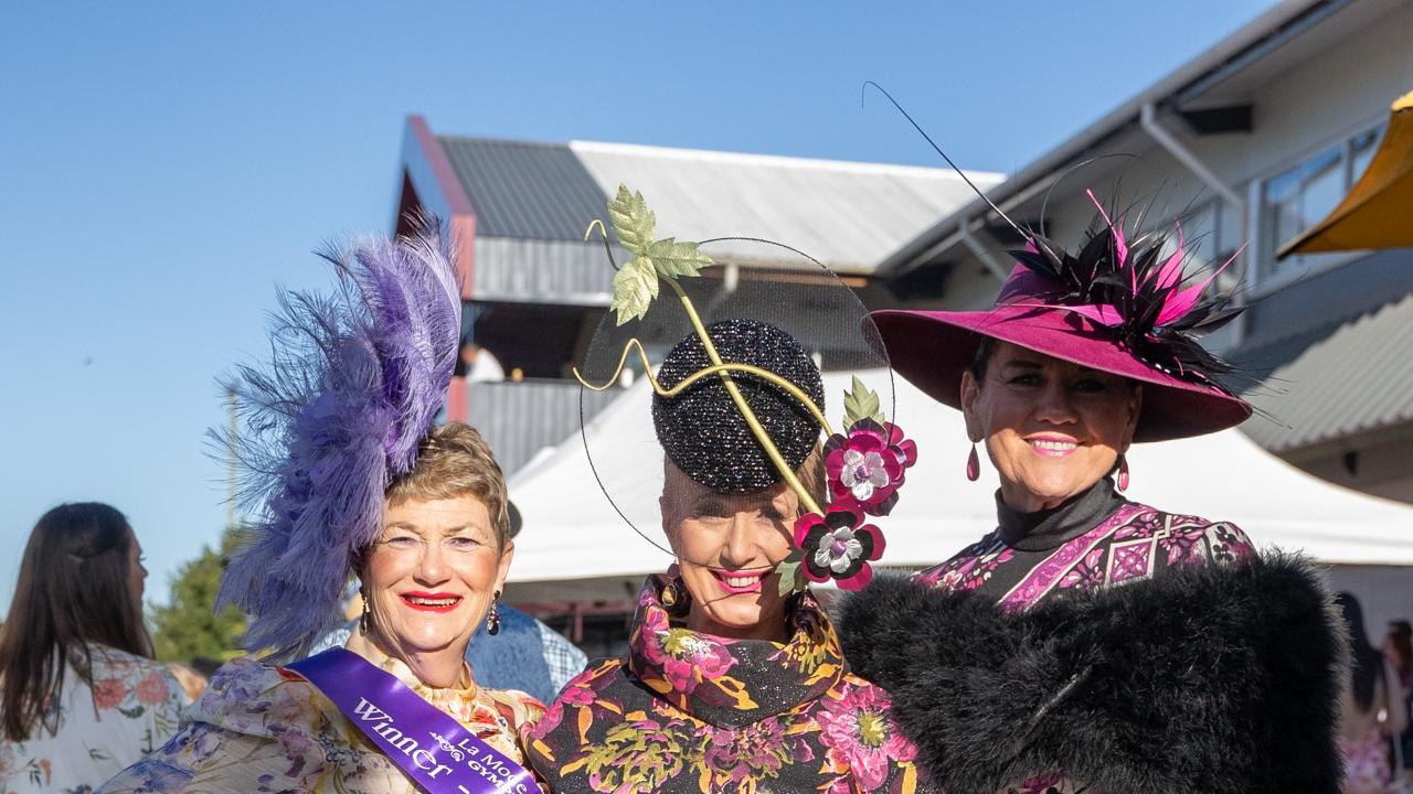 Varelle O'Shanesy, Rebecca Jane and Glenda Newick at the Gympie Muster Races. Saturday, August 19,. 2023. Picture: Christine Schindler