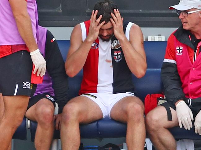 BALLARAT, AUSTRALIA - MARCH 10: Paddy McCartin of the Saints leaves the field with possible concussion during the 2019 JLT Community Series AFL match between the Western Bulldogs and the St Kilda Saints at Mars Stadium on March 10, 2019 in Ballarat, Australia. (Photo by Scott Barbour/Getty Images)