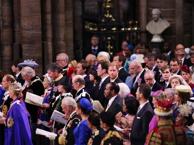 Prince Harry looked tense during the coronation ceremony. Picture: Getty Images