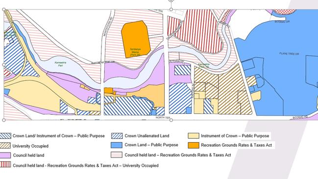 Map showing the exempted land on the Riverbank Precinct which does not have to pay rates. Image: Adelaide City Council