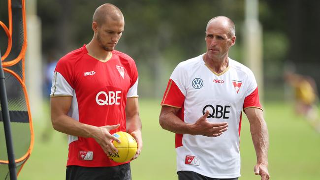 Tony Lockett chats to Sydney forward Sam Reid. Picture: Phil Hillyard