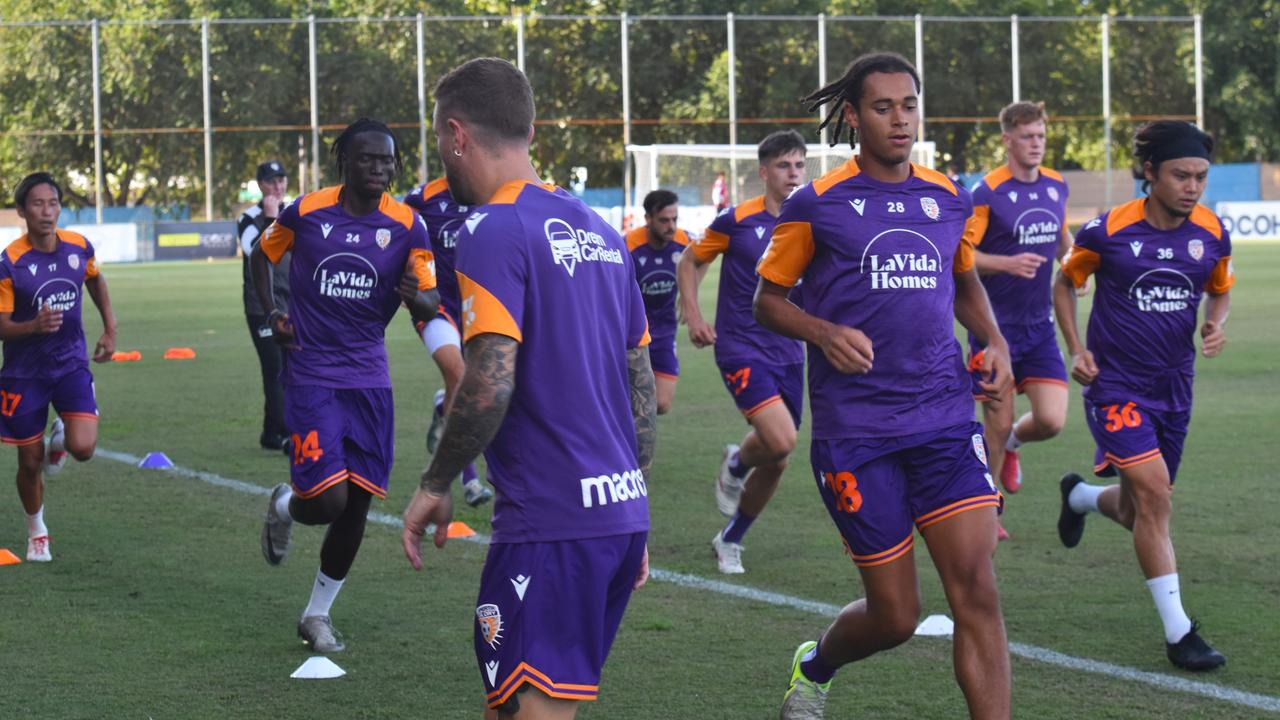 Perth Glory players warming up during an open training sessions at Larrakia Park, Darwin ahead of their Australia Cup clash with the Wellington Phoenix. Picture: Darcy Jennings